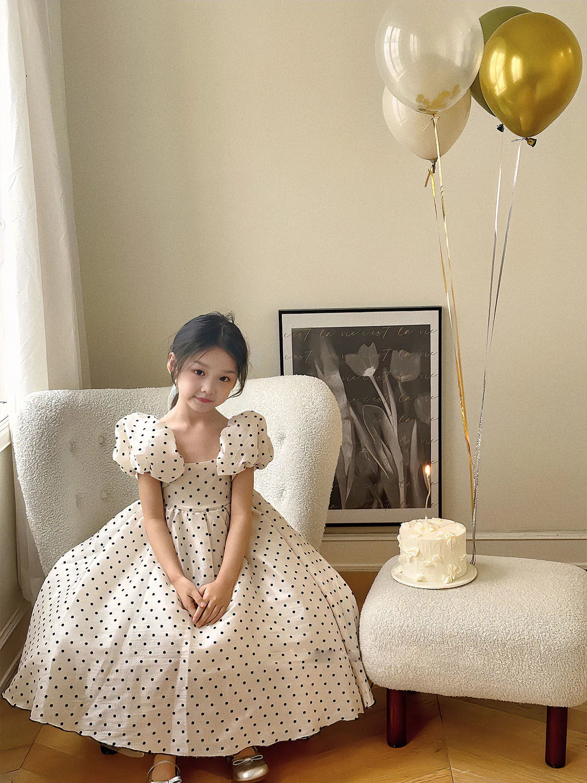 Girls Polka Dot Party Dress Summer Bubble Sleeves Princess Gown Understated Elegance Korean Japanese Style 2-7 Years