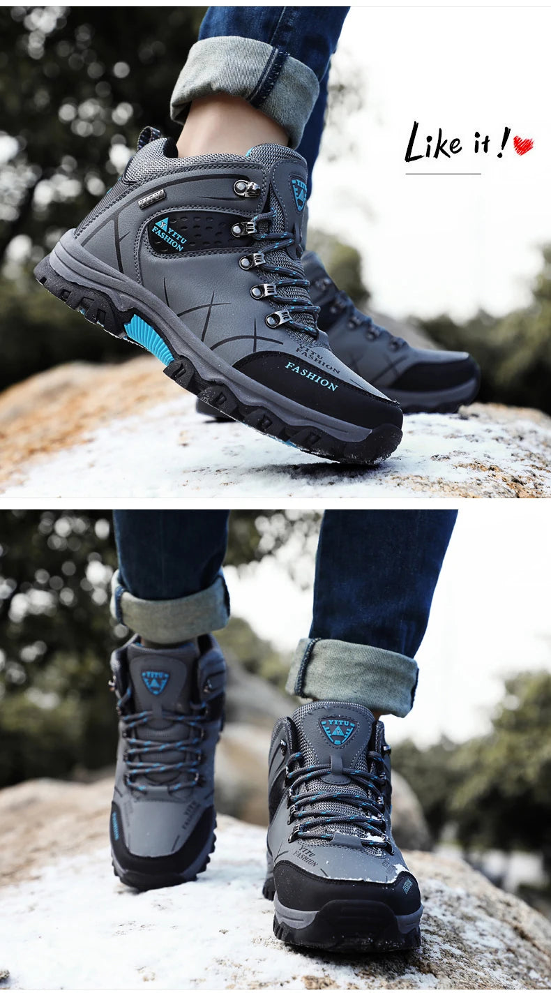 Winter Warm Cotton Shoes Men Outdoor Leather Black Casual Shoes Fur Sneakers High Top Rubber Ankle Boots Male Hiking Trekking 46