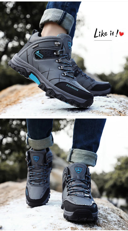 Winter Warm Cotton Shoes Men Outdoor Leather Black Casual Shoes Fur Sneakers High Top Rubber Ankle Boots Male Hiking Trekking 46