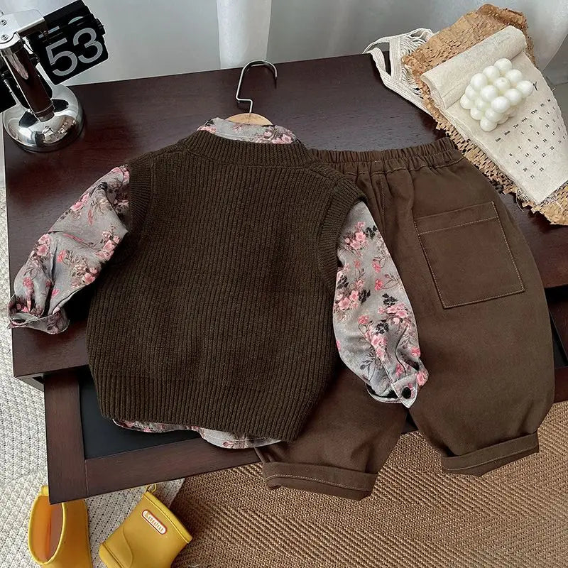 Autumn floral Style Kid Boys 3PCS Clothes Set Cotton Tie Collar Shirts Knitted Sticker Vest Solid Pants Suit Toddler Boys Outfit