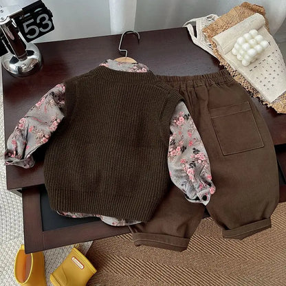 Autumn floral Style Kid Boys 3PCS Clothes Set Cotton Tie Collar Shirts Knitted Sticker Vest Solid Pants Suit Toddler Boys Outfit