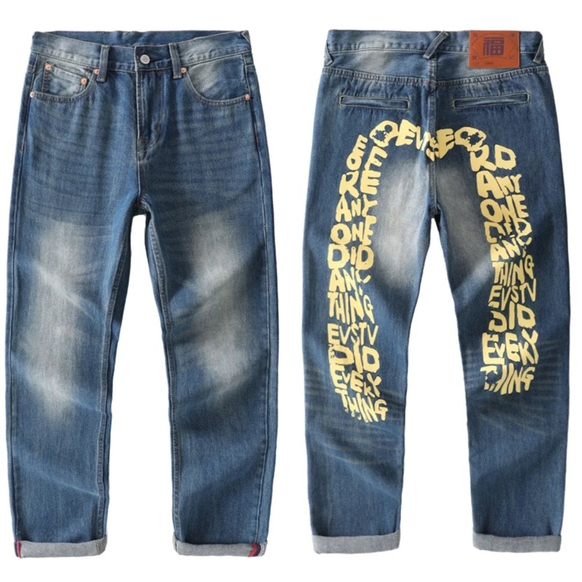 Japanese Handmade Embroidered Jeans Men's Pure Cotton Straight Tube Hip-Hop Popular Slim Red Ears Show Thin Trousers Devil Big M