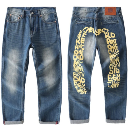 Japanese Handmade Embroidered Jeans Men's Pure Cotton Straight Tube Hip-Hop Popular Slim Red Ears Show Thin Trousers Devil Big M