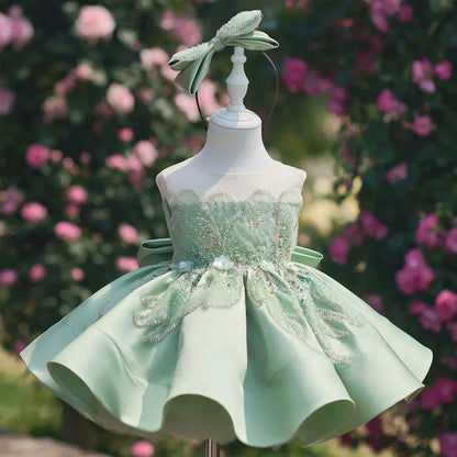 Customized Flower Girl Dress For Wedding Glitter Bow Bow Sleeveless Knee Length Luxury Kids Birthday First Communion Gown