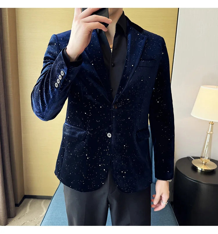 High Quality Velvet Bronzing Suit Coats Mens Sparkle Elegant Slim Business Suits Jacket Homme Formal Social Prom Party Tuxedos
