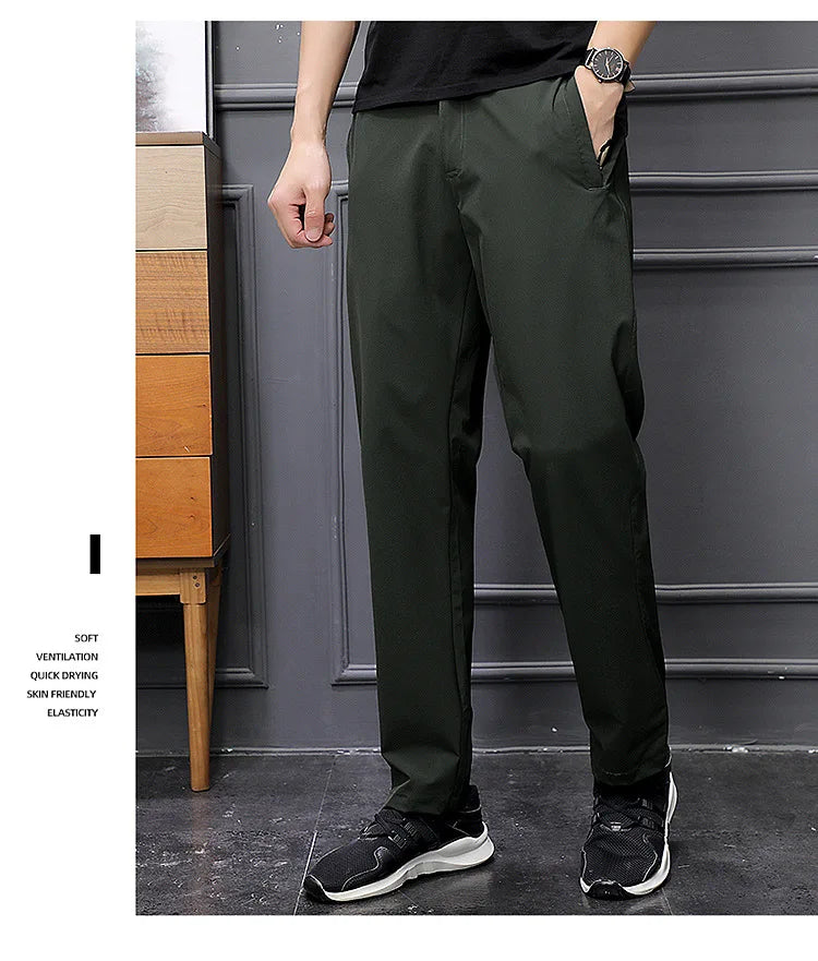 Men's Summer Cargo Pants Big Size Ice Silk Stretch Breathable Straight Leg Pants Quick Dry Elastic Lightweight Long Trousers