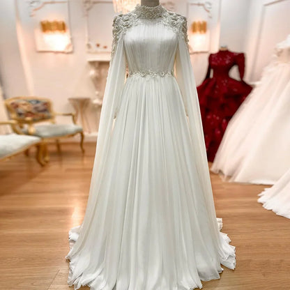 Charming Wedding Dress Bridal Gowns Long Sleeves High Neck 3D Flowers Applique Pearls Chiffon A Line Bride Dresses  Cape
