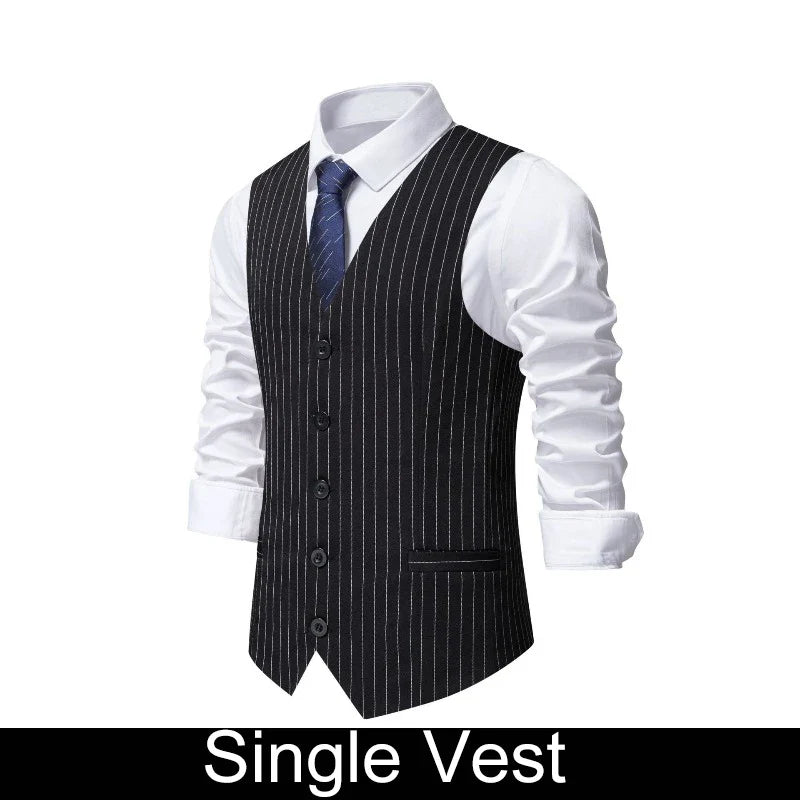 Men Suit Vest British Style Striped Business Casual Man Waistcoat Slim V-neck Single-breasted Versatile Male Vest