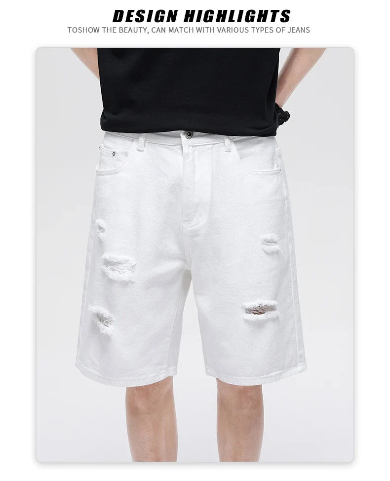 Summer New White Casual Men's Denim Shorts Ripped Fashion Loose Straight Street Bermuda Jeans Male Hole Short Pants
