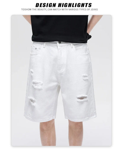 Summer New White Casual Men's Denim Shorts Ripped Fashion Loose Straight Street Bermuda Jeans Male Hole Short Pants