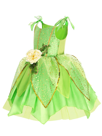 Child Girl Bell Costume Halloween Costume for Kids Green Dress Fancy Fairy Princess Cosplay Carnival Party Ball Gowns with Wing