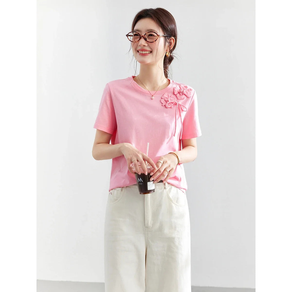 100% Cotton Summer T-Shirt Women 2026 Pink Tees Fashion Heavy 3D Floral Casual Crew Neck Short Sleeve Top A6182