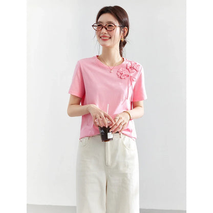 100% Cotton Summer T-Shirt Women 2026 Pink Tees Fashion Heavy 3D Floral Casual Crew Neck Short Sleeve Top A6182