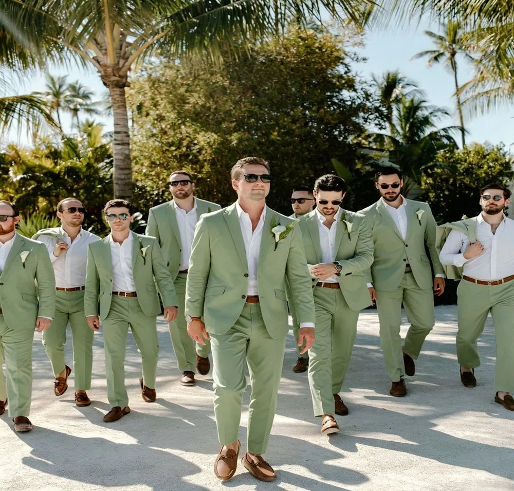 Beige Linen Wedding Suits for Groomsmen 2 Pieces Summer Men Suits Lightweight Breathable Blazer Pants Set Slim Fit Formal Outfit