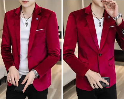 2026 Men's Red Slim Suit Jacket, Long Sleeve Single Button Dress Coat, Asian Size Teenagers Blazers Blue Green Black Male Tops