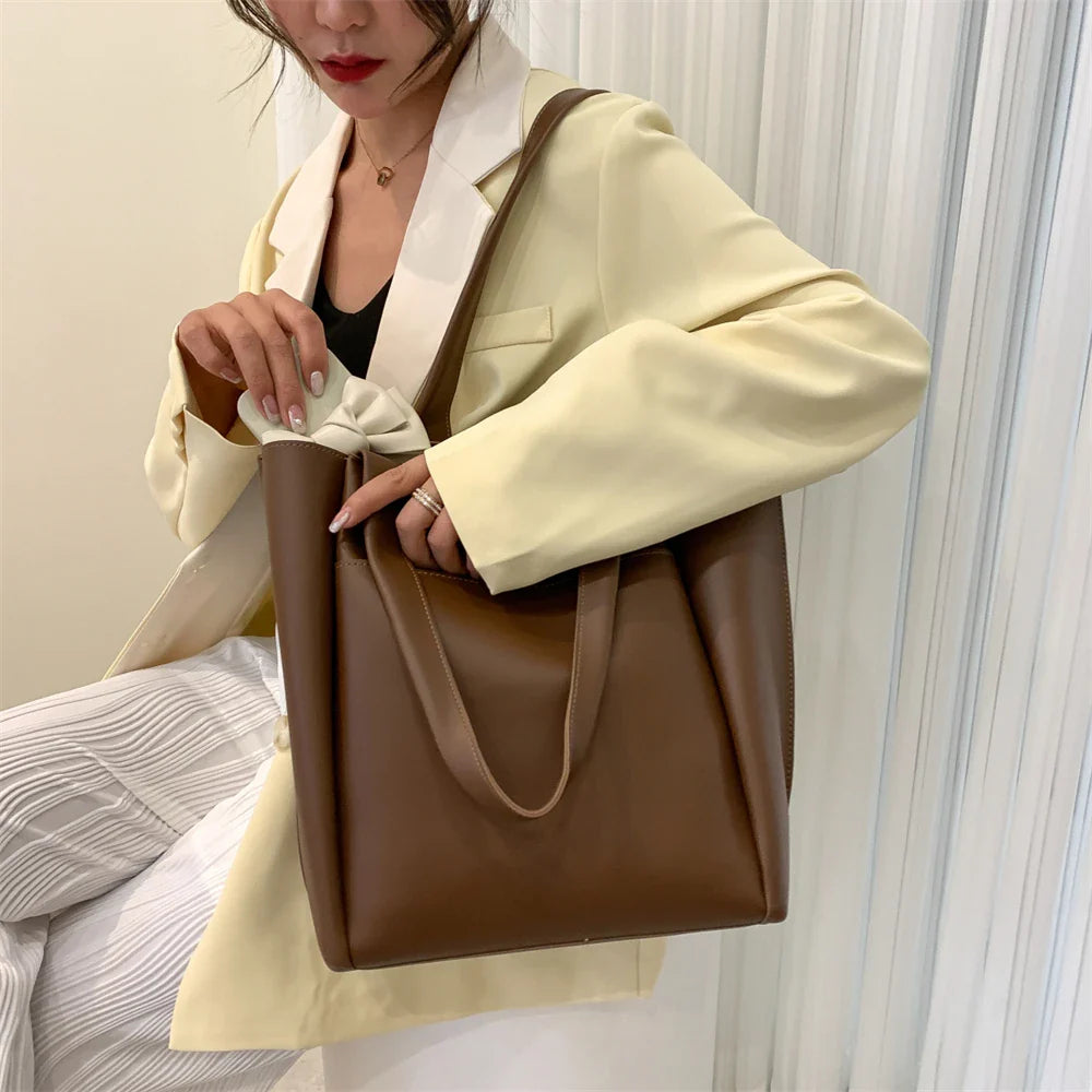 High Quality Soft Leather Woman Casual Tote Shopper Solid Color Handbags Large Capacity Single Shoulder Bag with Outer Pocket