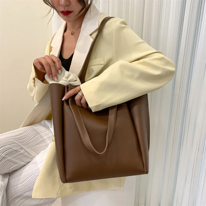 High Quality Soft Leather Woman Casual Tote Shopper Solid Color Handbags Large Capacity Single Shoulder Bag with Outer Pocket