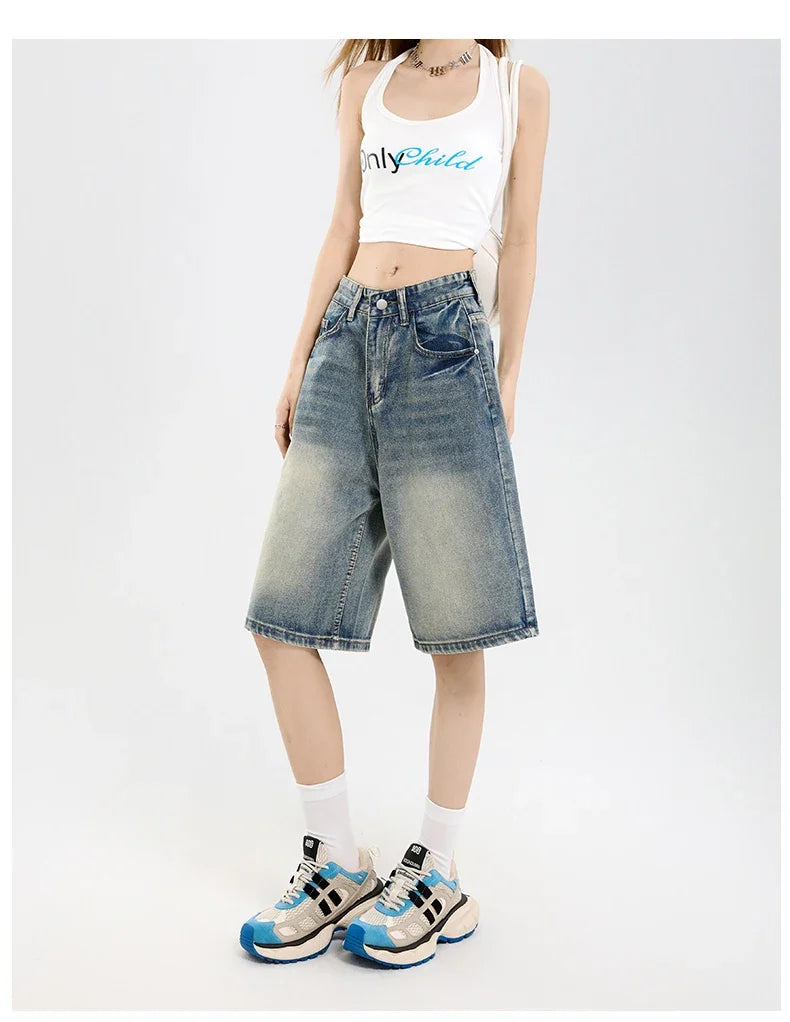 2026 Korean Street Casual Y2K Loose Wide-leg Denim Shorts Five-point Baggy Jeans Women's All-match Straight Summer Hot Shorts