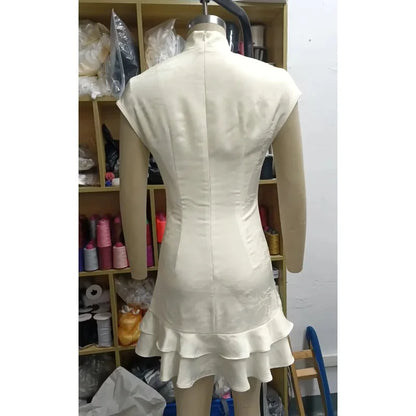 Women's Elegant Satin Evening Dress Fashion Stand Neck High Waist Slim Mini Dresses Party Sexy Short Sleeve Ruffle Dress