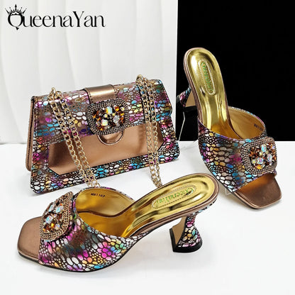 Italian Fashion Design Shoes and Bags Matching Set 2025 Peep Toe High Heels Blue Color Rhinestones Women Shoes for Party
