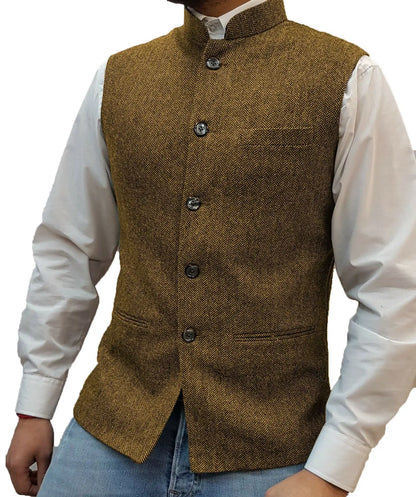 Mens Retro Vest Herringbone Wool Blended Smart Casual Stand Collar Single Breasted Waistcoat Adjustable Buckle Men's Suit Vest