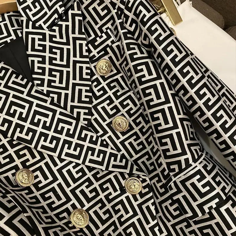 Spring High-end Fashion Women's Elegant Mid To Long Suit Jacket with Collar Print Design and Double Breasted Versatile Jacket