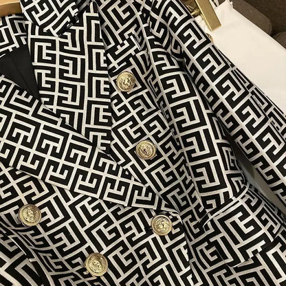 Spring High-end Fashion Women's Elegant Mid To Long Suit Jacket with Collar Print Design and Double Breasted Versatile Jacket