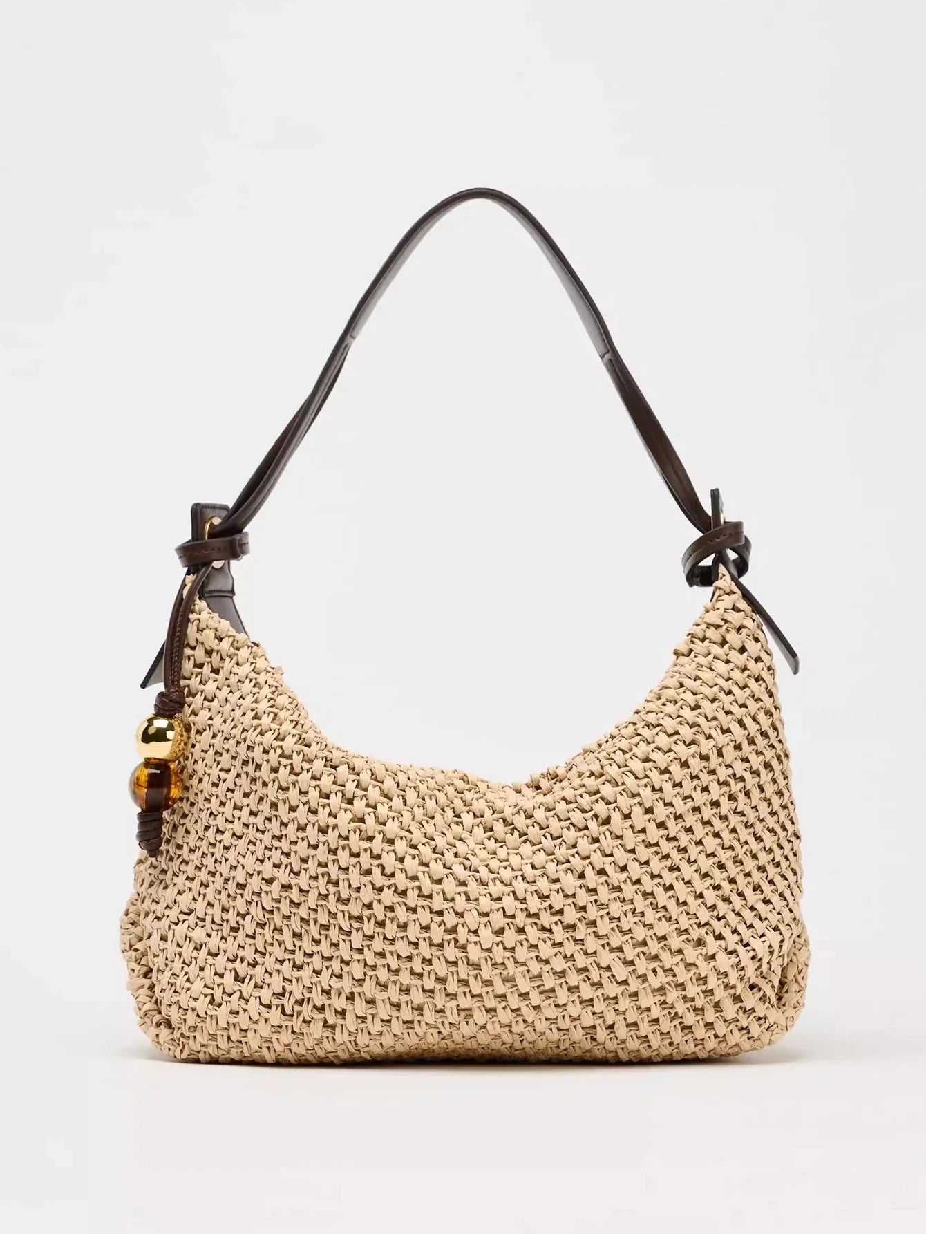 Casual Hobos Straw Bag Designer Woven Women Shoulder Bags Vintage Bead Deco Handbags Handmade Summer Beach Bag Small Tote Purses