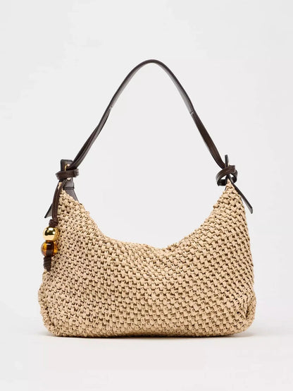 Casual Hobos Straw Bag Designer Woven Women Shoulder Bags Vintage Bead Deco Handbags Handmade Summer Beach Bag Small Tote Purses