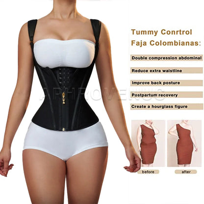 Fajas Colombianas Women Double Compression Waist Trainer Corset with Bone Adjustable Zipper and Hook-eyes Flat Belly Body Shaper