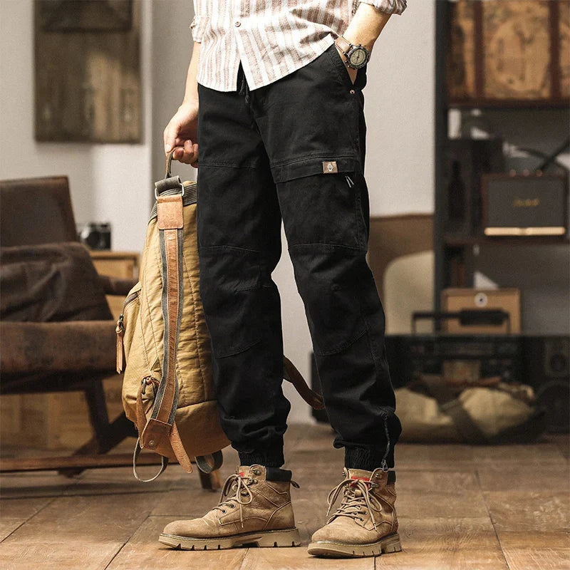 Cotton Men's Cargo Pants Elastic Waist Stretch Trouser Male Multi Pocket Casual Jogger Fit Ankle Length Zipper Purple Drawstring