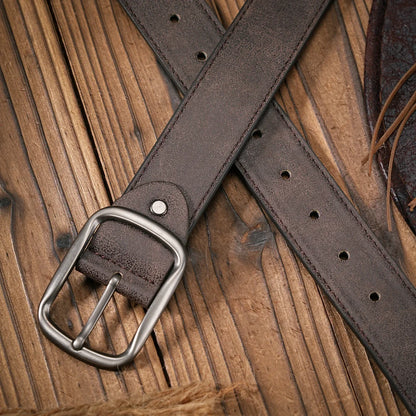 Men - Women - Western Denim - pu leather - Belt - Vintage jeans with carved buckle brown belt