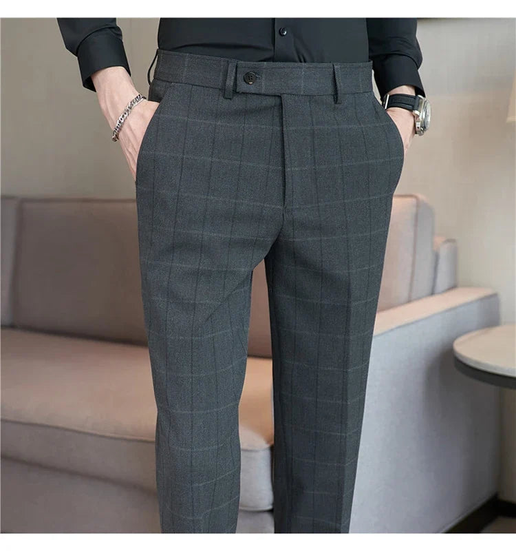 2026 Classic Men's Slim Fit Plaid Striped Casual Pants Fashion Business Slim Fit Suit Pants Formal Groom Wedding Dress Trousers