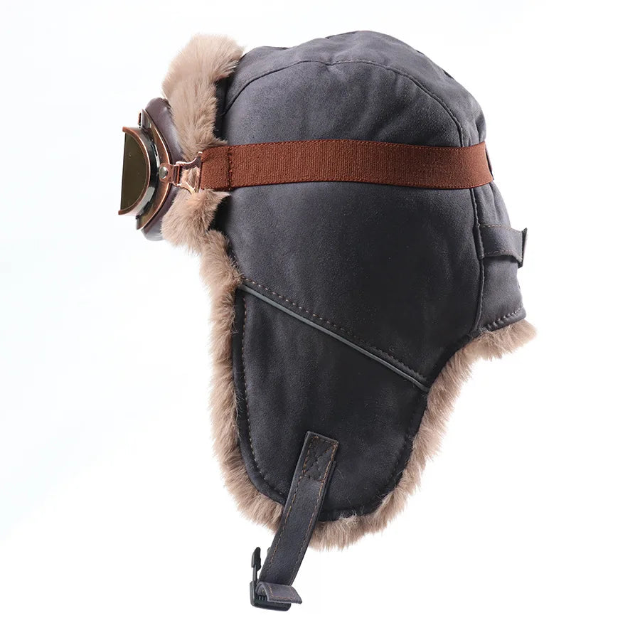 Retro Unisex Aviator Trapper Hat Faux Fur Thick Warm With Goggles Earflap Winter Cap For Cycling Outdoor Cold Protection