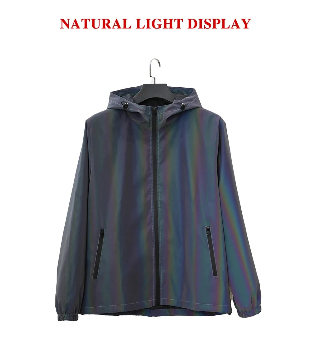 Men Reflective Jacket Gradient Colorful Hip-hop Streetwear Night Outdoor Hooded Windproof Coats Fashion Dance Skateboard Clothes
