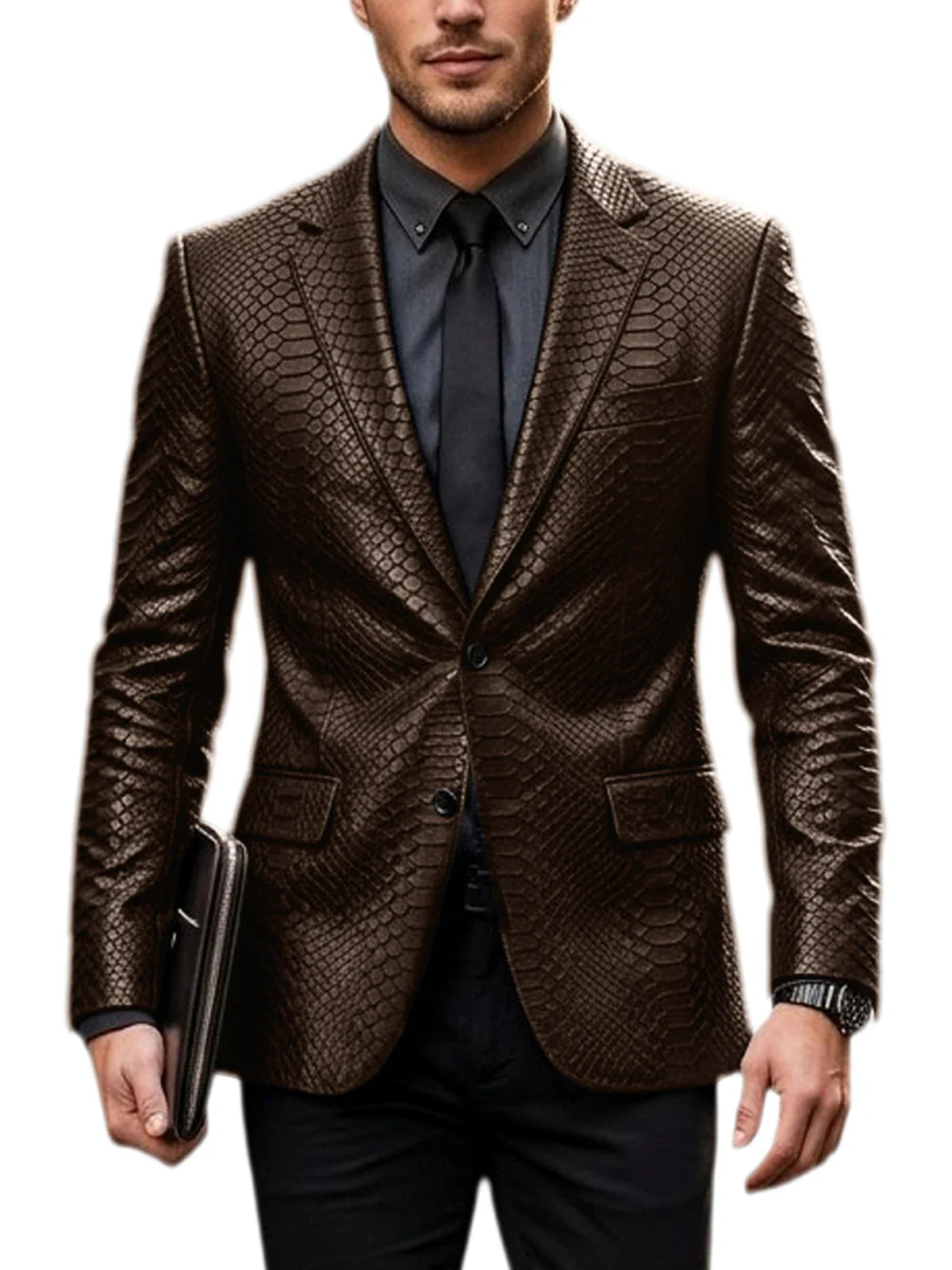 Men's Luxury Crocodile Pattern Leather Blazer Slim Fit Two Button Notch Lapel Suit Jacket Business Casual Wedding Tuxedo Dress