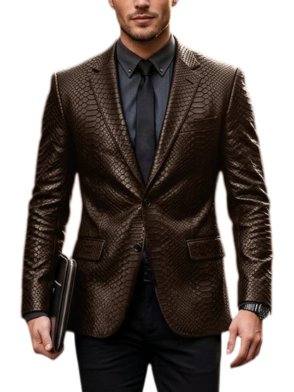 Men's Luxury Crocodile Pattern Leather Blazer Slim Fit Two Button Notch Lapel Suit Jacket Business Casual Wedding Tuxedo Dress