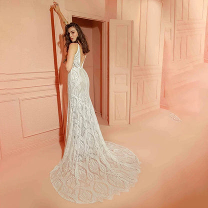 Customized Sexy Lace V Neck Beach Mermaid Wedding Dresses Elegant Spaghetti Straps Bridal Gowns Backless Vestidos De Novia