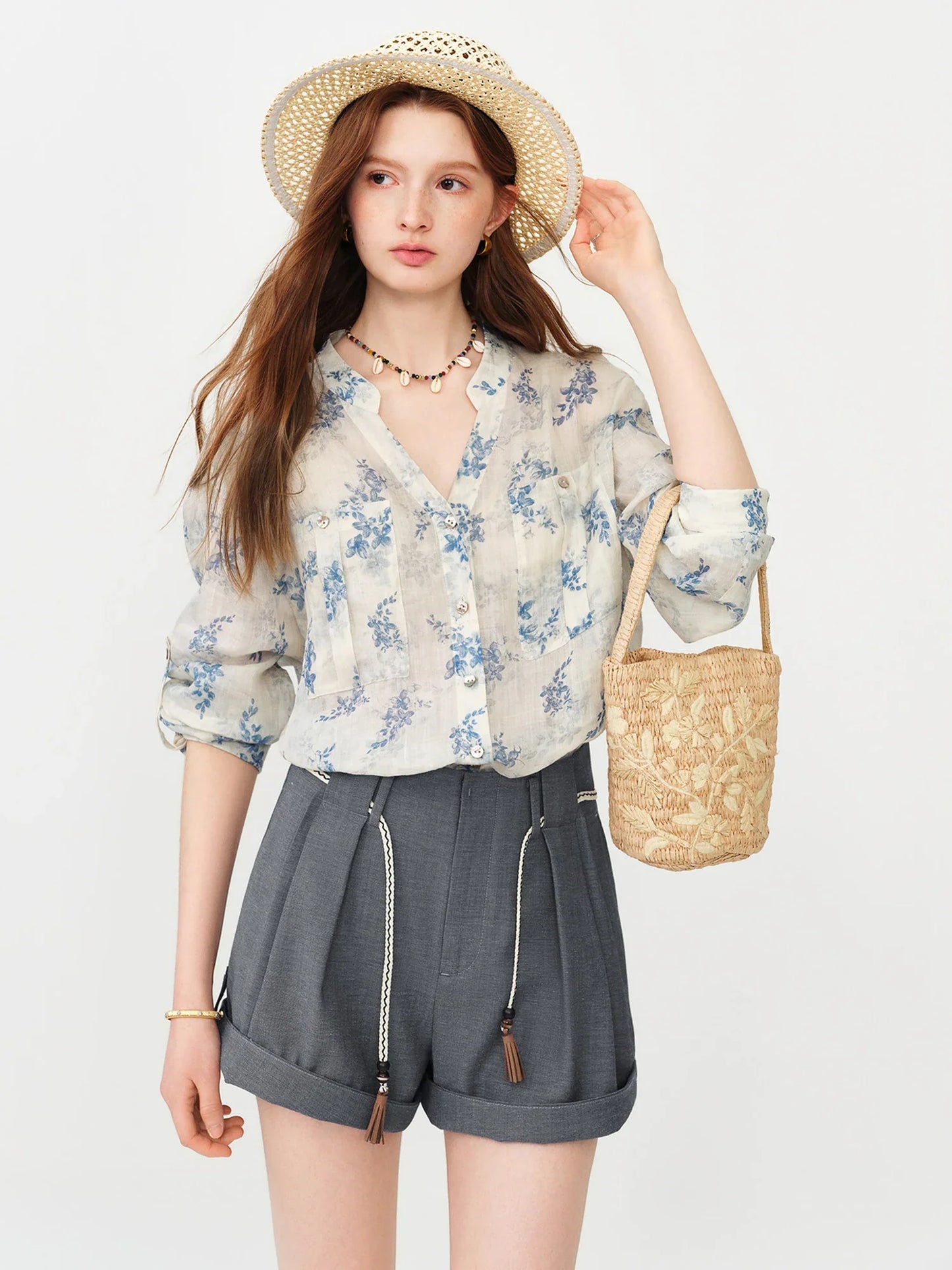 2026 Summer Women's Long Sleeve Floral Print V-Neck Shirt - Relaxed Fit Casual Blouse for Daily and Summer Layering