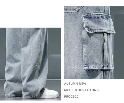 2026 New Wide Leg Washing Jean Pants Men Trousers Neutral Solid Color Loose Casual Fashion Pocket Cargo Pants Big Size 8XL