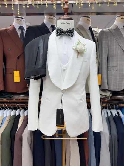 White Fully Jacquard Suit Set 3 Pieces For Men Wedding Groom Sets Handsome Elegant Shawl Lapel Men's Suits Party Tuxedo S-3XL