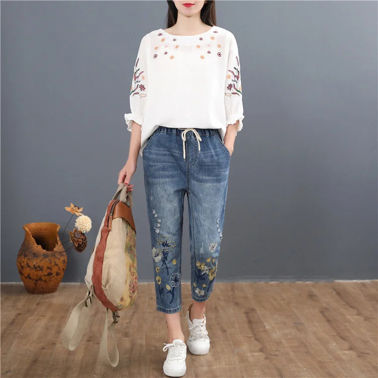 Chinese Summer Fashion Style Ladies Vintage Embroidery Jeans Womens Casual Floral Denim Trousers Ripped Harem Pants