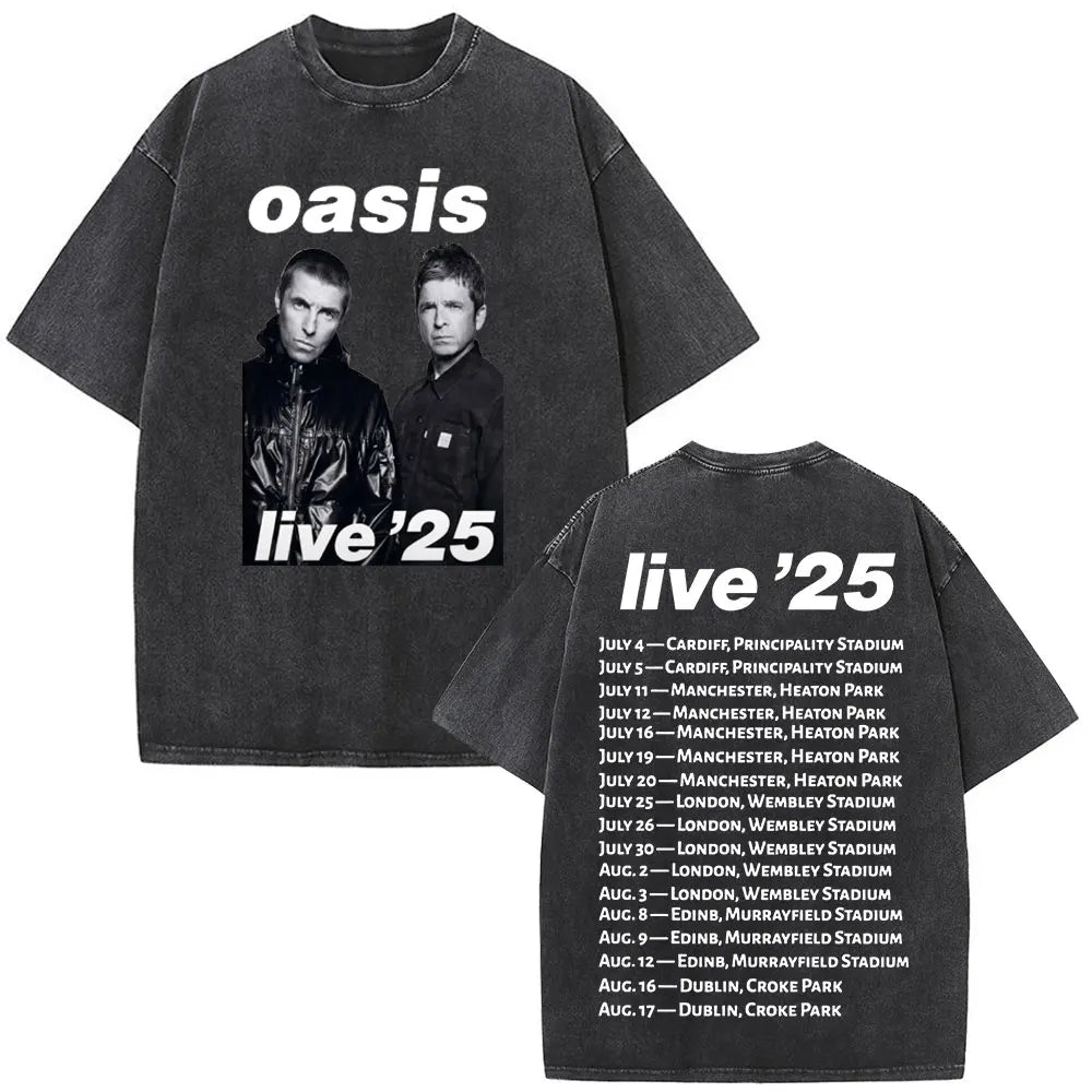 O-Oasis T-Shirts British Rock Band Vintage Washed T-shirt Men Women Clothing Cotton Casual Short Sleeve T Shirts Tops Streetwear