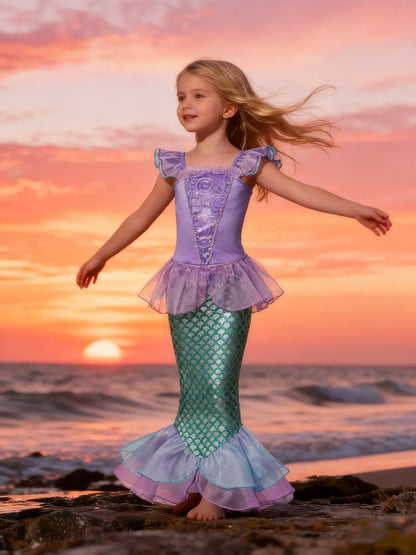 Popular Movie Children Fish Princess Dress With Purple Sequins Decoration And Fish Scales Skirt Holiday Role-Playing Dress