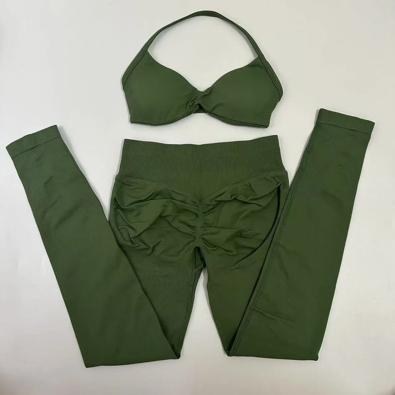 2pcs Seamless Yoga Set Women Yoga Scrunch Leggings Set Strappy Halter Sports Bra Fitness Gym Clothing Workout Set