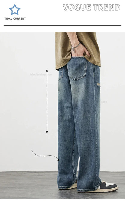 Korea Baggy Jeans Men's Vintage Straight Ripped Y2k Pants Fashion Frayed High Street Distressed Denim Trousers Male Clothes