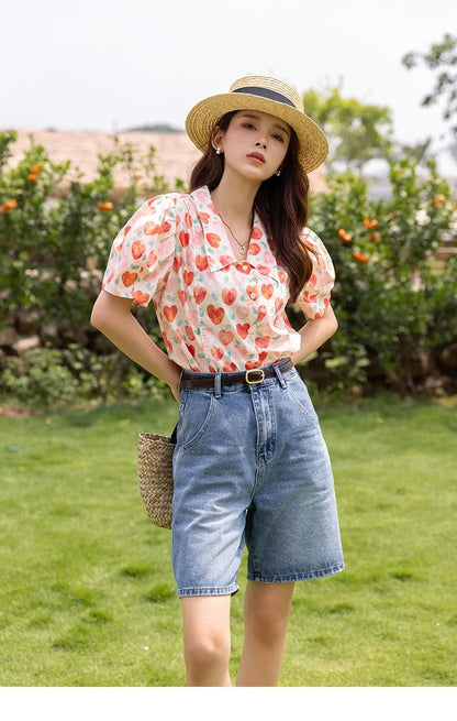 Korean Chic Fashion Women Stylish Blouses Summer French Sweet Retro Floral Polo-neck Puff Sleeves Tops MXB27C0450