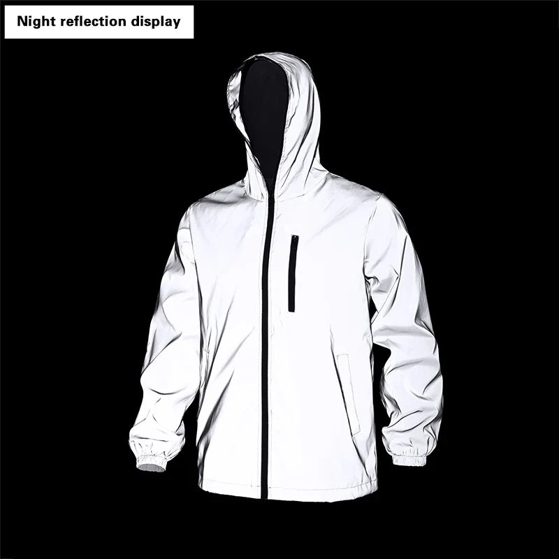 Spring New Men's Reflective Clothes Windproof Night Running Hoodie Jacket Glowing Safe Jacket Street Dance Hip Hop Streetwear