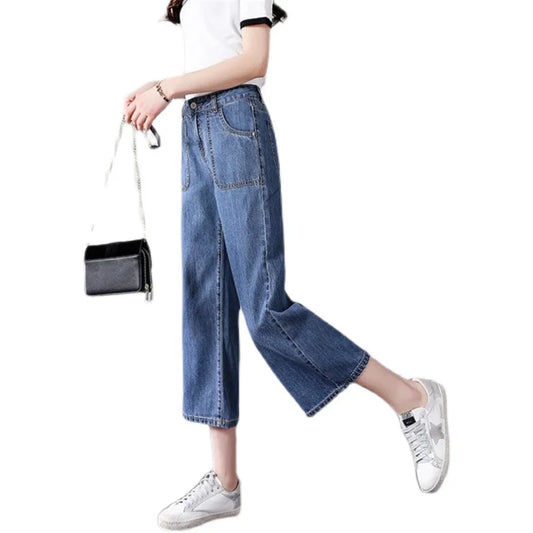 High Waist Straight Leg Jeans Women's Summer Thin Wide Leg Pants Loose Fit 9-Piece Blue Cotton Stretch Denim Small Size