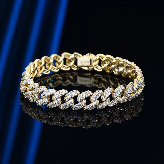 Bracelet cubain en argent sterling plaqué or 18 carats S925 pour femmes et hommes, avec zircons et diamants à haute teneur en carbone, chaîne à maillons style hip-hop